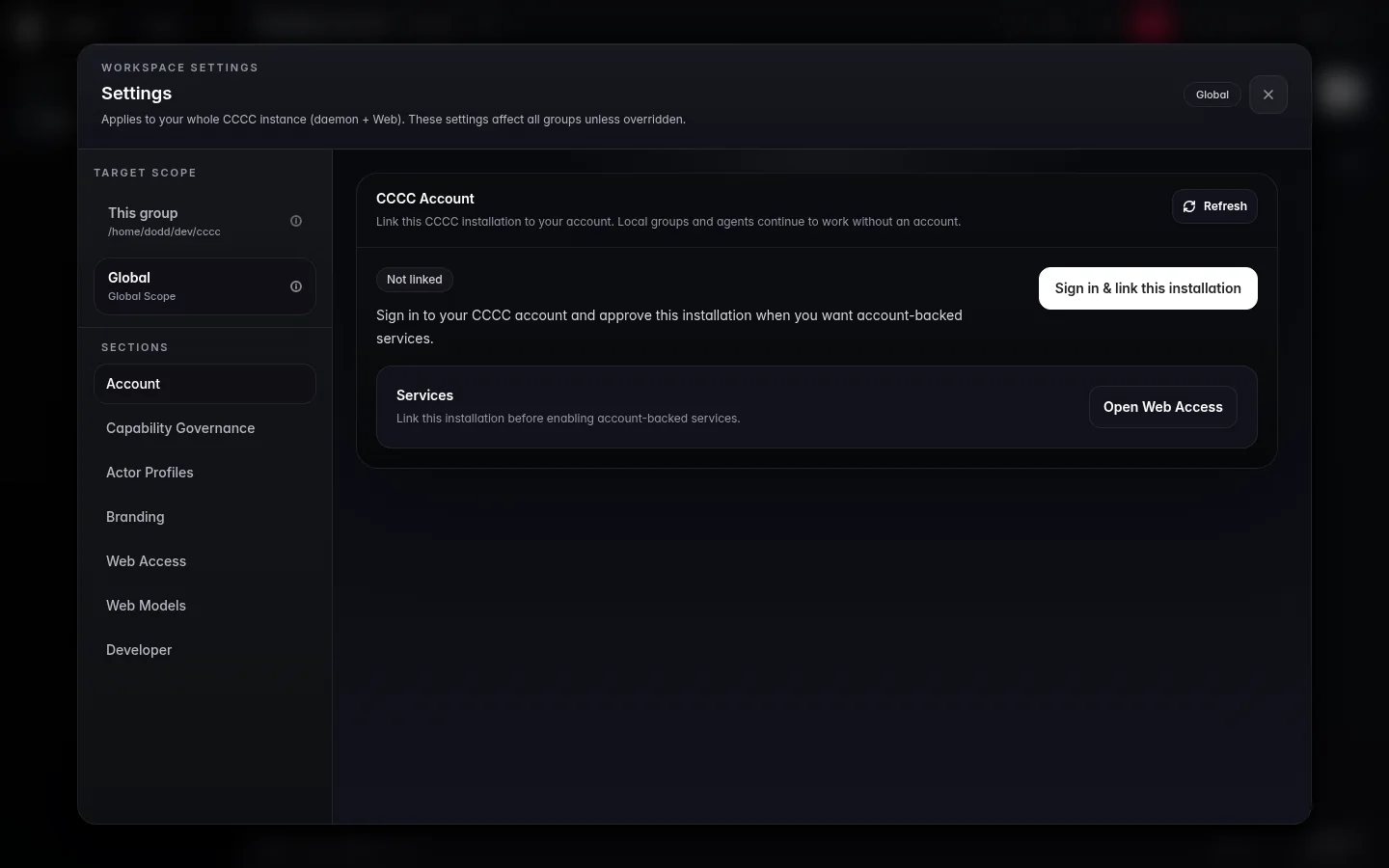 CCCC 全局 Account 页面中的安装连接状态与 Web Access 入口